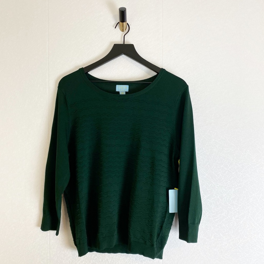 CeCe Cynthia Steffe Green Emerald Knit Scalloped Chevron Embroidered Sweater